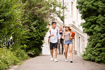 Group of attractive teenage students walking from university.