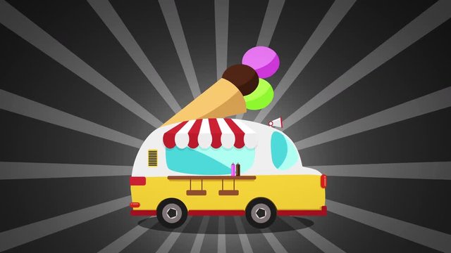 Cartoon Ice cream Car over black background with sunburst rotation. Colorful Cartoon funny ice cream truck animation loop. food and drinks concept. delivery concept. cartoon ice cream cone.