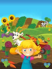 Obraz na płótnie Canvas cartoon scene of girl on the farm - standing and smiling / illustration for children