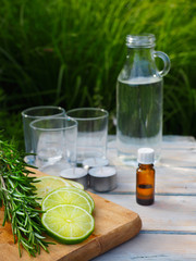 Ingredients for natural homemade repellent on white wooden table. Limes, lemons, tea light candles...