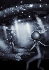 Alien with ufo,3D illustration concept background 