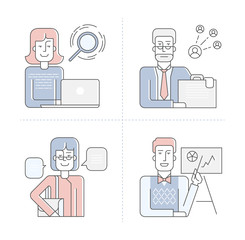 Fototapeta na wymiar Vector illustration in linear flat style. Outline characters of businessmen, businesswoman, hr manager with infographic elements