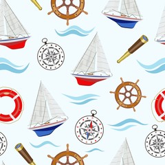Seamless pattern on marine theme with sailboats. Vector illustration.