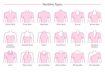 Vector illustration set of various neckline types for women's' fashion. Eighteen neck lines in pink color in flat linear style