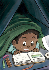Child Hiding Beneath the Blanket Reading a Picture Book (Black Boy)