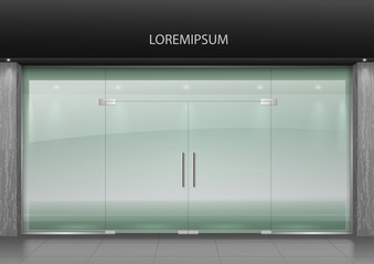 The glass facade of the shopping center building is a shop, airport, railway station with entrance doors. Transparency of the glass. Vector graphics