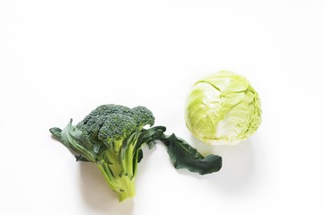 Flat lay food photo/ White cabbage and broccoli. Healthy food, antioxidants