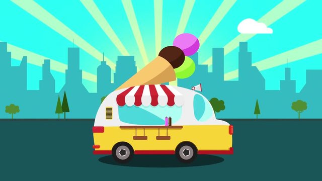 Ice cream Car In The City. Colorful Cartoon animation of funny ice cream truck animation loop with copyspace full hd and 4k. food and drinks concept. delivery concept.