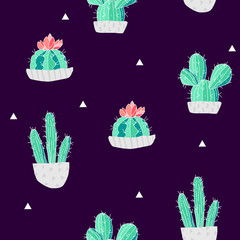 Summer pattern with cacti in a flowerpots and triangles on black background. Vector.