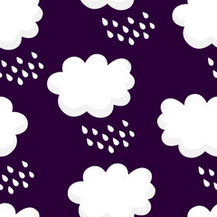 Nature pattern with white clouds and raindrops on black background. Ornament for children's textiles and wrapping. Vector.