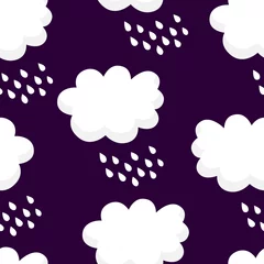 Behangcirkel Nature pattern with white clouds and raindrops on black background. Ornament for children's textiles and wrapping. Vector. © yanabear