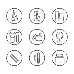 Vector cosmetic icons. Mascara, brush, perfume, cream and other make-up items. Makeup thin linear signs for manicure, pedicure and Visage.