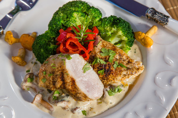 Grilled chicken, cream sauce with mushrooms chanterelles, broccoli and roasted red peppers