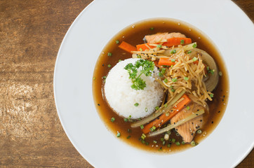 steamed salmon fish with soy sauce and rice