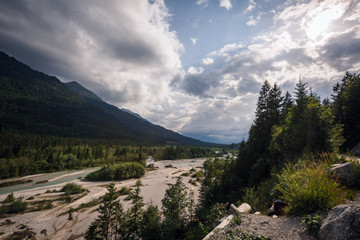 Mountain valley with dried up river bed