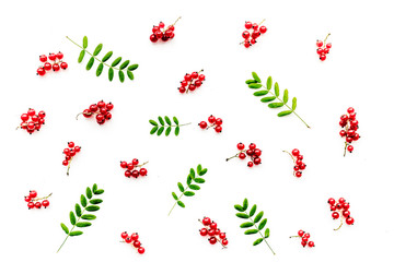 Berry pattern. Red currant and leaves on white background top view