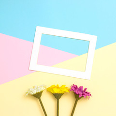 Empty frame and flowers flat lay on pastel background with copy space. Soft effect filter. Minimal concept.