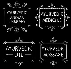 AYURVEDIC AROMETHERAPY, MEDICINE, OIL, MASSAGE. Set of typographyc VECTOR elements, hand drawn letters. Chalk lines on blackboard