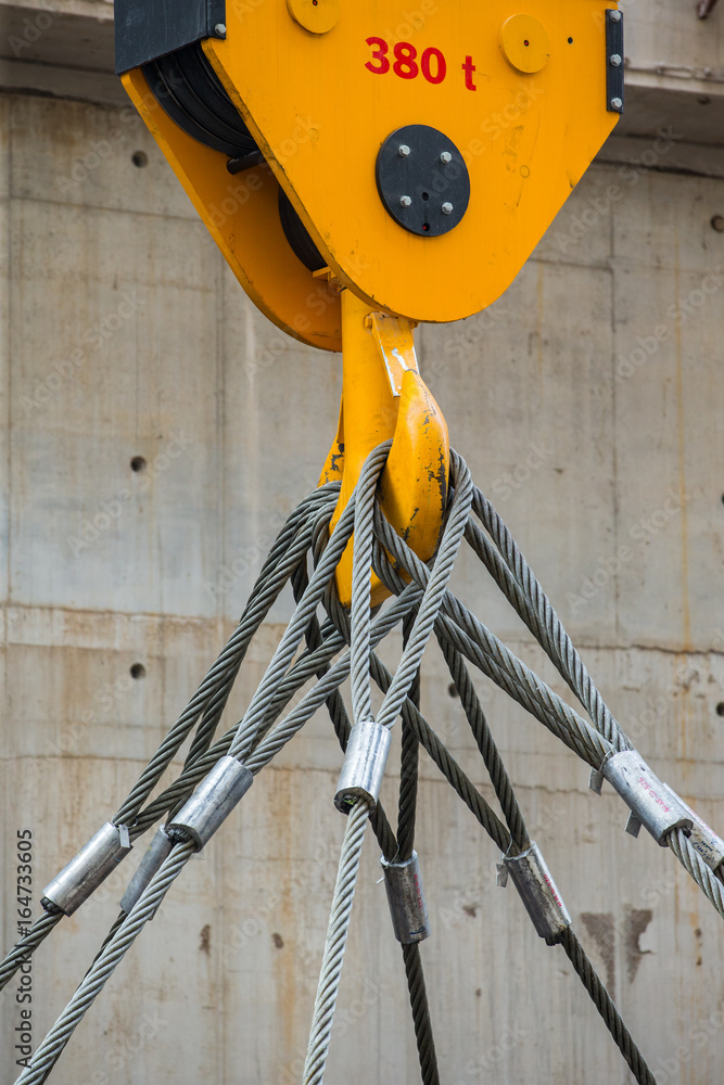 Sticker factory overhead crane and yellow crane hook 380 t. and sling in factory