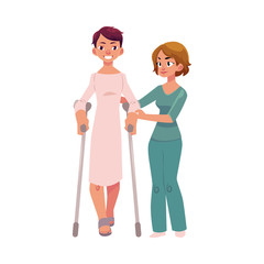 Medical rehabilitation, physiotherapist helping patient walking with crunches, cartoon vector illustration on white background. Medical rehabilitation, physical therapy, using crunches