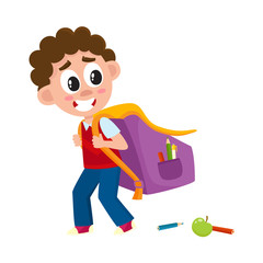 Little boy, kid going to school with big backpack, schoolbag loosing pencils on the way, cartoon vector illustration isolated on white background. Boy, kid going to school with big schoolbag, backpack