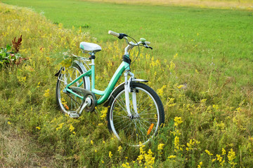 Fototapeta na wymiar Bicycle with flowers in meadow, landscape and sunset background. Lifestyle Concept.