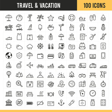 Travel and vacation icon set. Vector illustration.