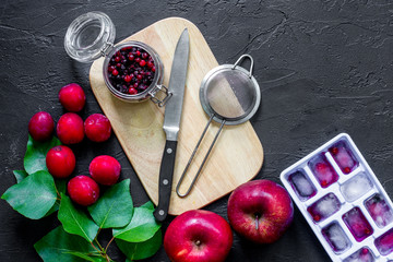 Summer ice fruit drink with apple, pulm and cranberry on black table top view copyspace