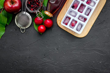 Summer ice fruit drink with apple, pulm and cranberry on black table top view copyspace
