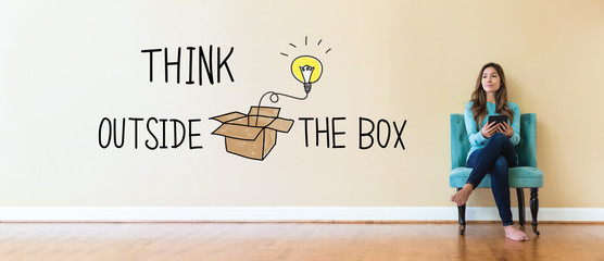 Think Outside The Box text with young woman holding a tablet computer in a chair