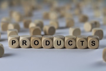 Obraz premium PRODUCTS - image with words associated with the topic MONOPOLY, word cloud, cube, letter, image, illustration