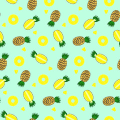 Bright color yellow full pineapple, circles and pieces pineapples seamless pattern. Nice vector summer fruits texture on blue background for textile, covers, surface, background, wallpaper