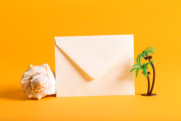 Summer mailing envelope vacation postcard theme on a yellow background