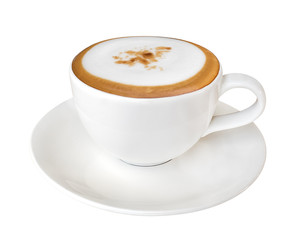 Hot coffee cappuccino in ceramic cup isolated on white background, clipping path included