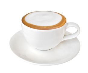 Hot coffee cappuccino in ceramic cup isolated on white background, clipping path included