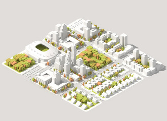 Architectural Isometric info graphic city streets with different buildings, houses, transport, shops and skyscrapers. 3D low poly style.