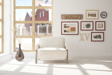 Idea of white minimalist room with armchair. Scandinavian interior design. 3D illustration