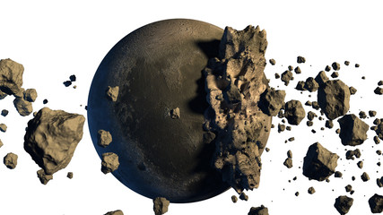 3D Rendering of asteroids next to a moon-like object with the clipping path included in the file.