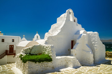 Mykonos island, Cyclades, Greece. Panagia Paraportiani Church in Mykonos. A beautiful old white chapel. © Lucian Bolca