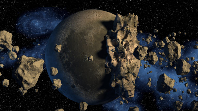 3D Rendering of an asteroids field next to a moon-like planetary object.