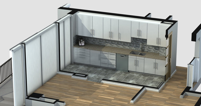 3D Rendering of a furnished residential apartment kitchen, showing generic cabinets and appliances.
