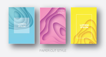 Paper Cut Wave Shapes. Layered curve Origami design for business presentations, flyers, posters. Set of 3 vertical banners. 3D abstract map carving. Text. Frame. Yellow, Pink, Blue. Vector