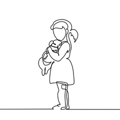 Little Girl hugs puppy. Continuous line drawing. Vector illustration on white background
