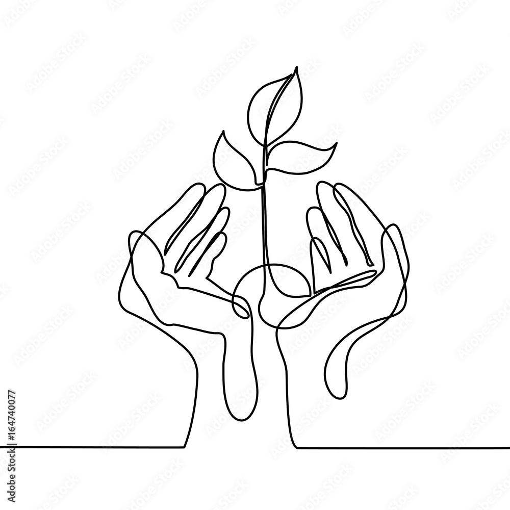Wall mural continuous line drawing. hands palms together with growth plant. vector illustration - Wall murals