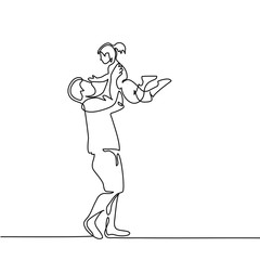 Continuous line drawing vector illustration. Father with small daughter in hands.