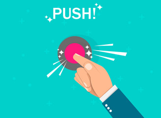 Hand pressing button. Push finger. Flat design. Vector illustration EPS10