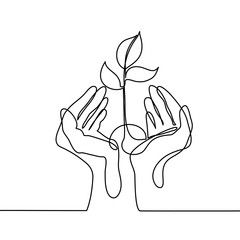 Continuous line drawing. Hands palms together with growth plant. Vector illustration © Valenty