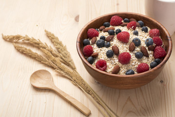 Healthy breakfast ingredients on wood table, Healthy food concept