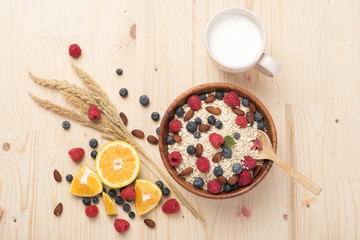 Healthy breakfast ingredients on wood table, Healthy food concept