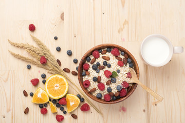 Healthy breakfast ingredients on wood table, Healthy food concept